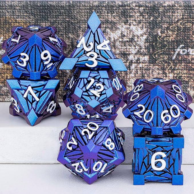 7PCS Metal DND Dice Set with Box, Debris RPG Blue White D and D Dice for D&D Tabletop Games Role Playing Game Polyhedral Dice Set D20 D12 D10 D8 D6 D4