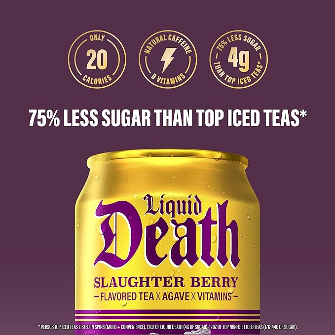 Liquid Death, Slaughter Berry Flavored Iced Tea, 12-Pack (12 oz Cans), Raspberry Flavored Black Tea, Low Calorie, No Artificial Sweeteners, B12 & B6 Vitamins