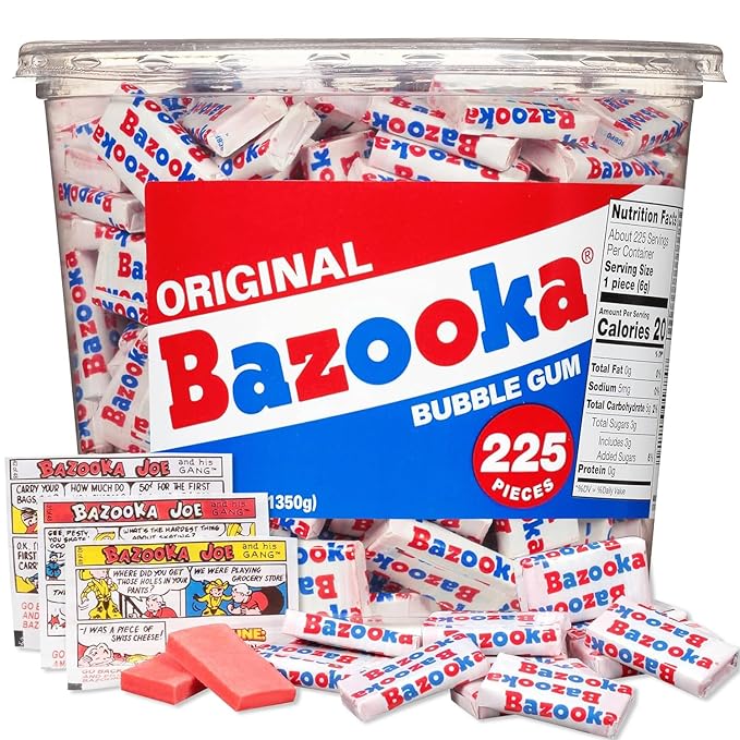 Bazooka Bubble Gum Bulk, 225 Count Tub of Chewing Gum Individually Wrapped, Old Fashioned 90's Candy for Baseball, Party Favors, Goodie Bags