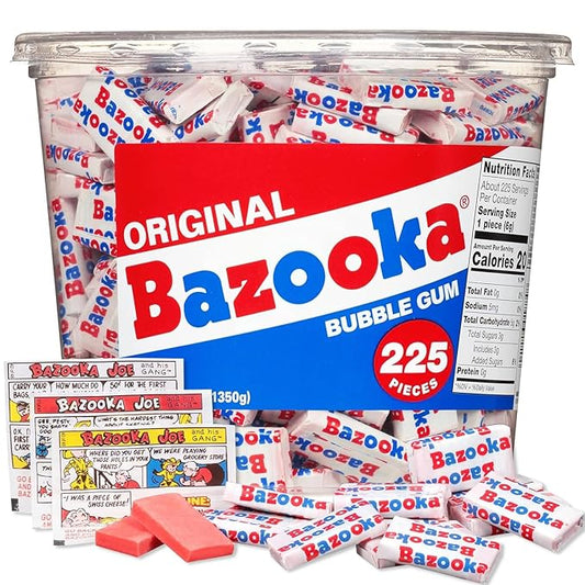 Bazooka Bubble Gum Bulk, 225 Count Tub of Chewing Gum Individually Wrapped, Old Fashioned 90's Candy for Baseball, Party Favors, Goodie Bags