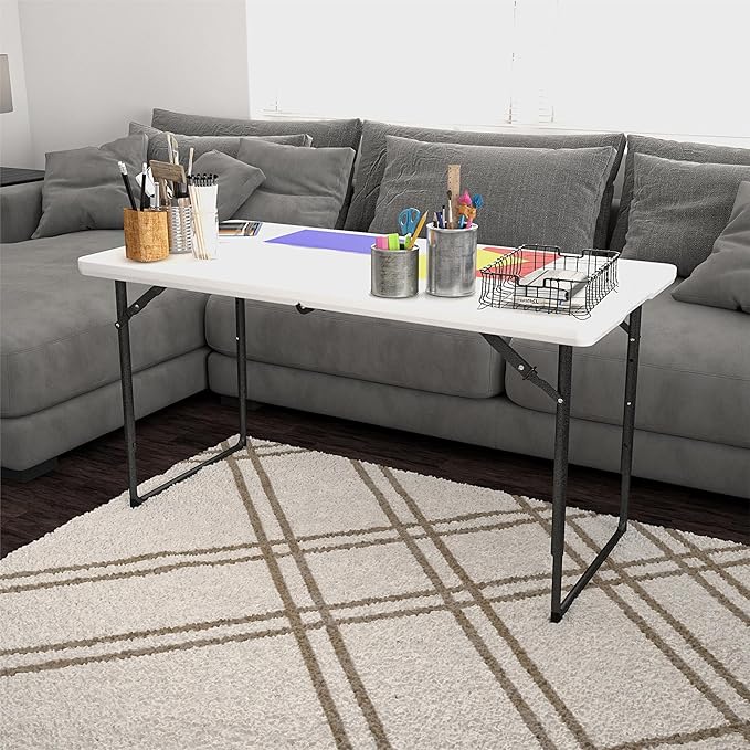 COSCO 4 ft. Centerfold Blow Mold Utility Table, Adjustable Height, White