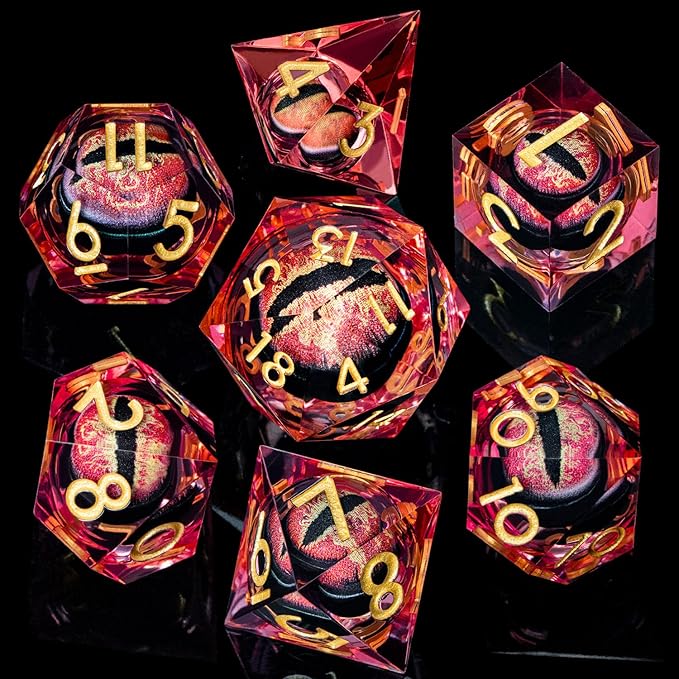 ARUOHHA DND Resin Dice Dragon Eye Dice Liquid Core Red Sharp Edged Dice Set with Gift Box, Polyhedral D and D Dice Set Role Playing Game D20 D12 D10 D8 D6 D4