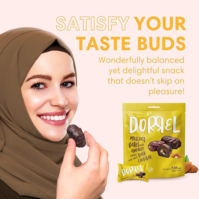 DORREL - Belgian Dark Chocolate Covered Dates (Medjool) with Salted Almonds Stuffing, High Energy Vegan Choco Snack, Delicious, Kosher & Non-GMO, Pack of 3 Stuffed Chocolate Dates, 7.05 oz / 200 g Ea