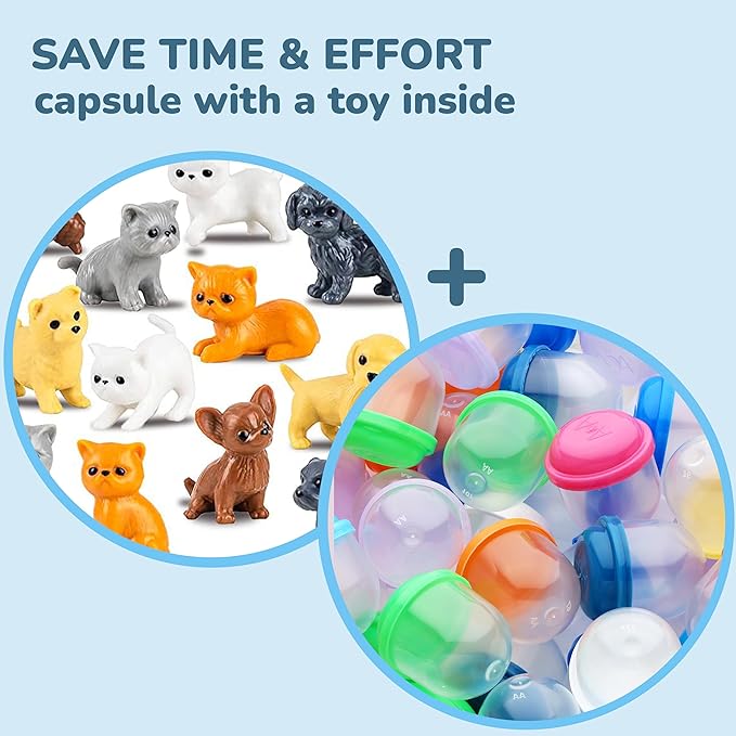 Pet Figurines Toys in Capsule - 50 Pcs - 1.1 Inch Plastic Capsules with Cute Dog and Cat Figurines for Kids - Bulk Toys for Easter Hunt Games - Vending Machines - Classroom Prizes