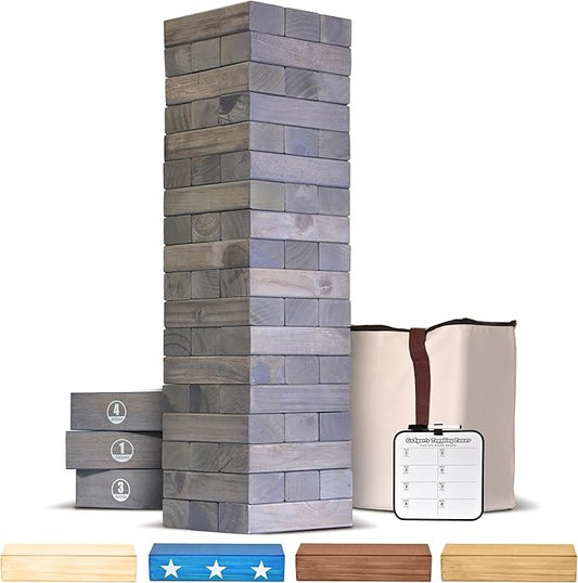 GoSports Giant Wooden Stacking Game - Stacks Up to 5 ft - Choose Brown Wood Stain, Gray, Natural, Stars & Stripes, or Tropical Hardwood - Toppling Tower