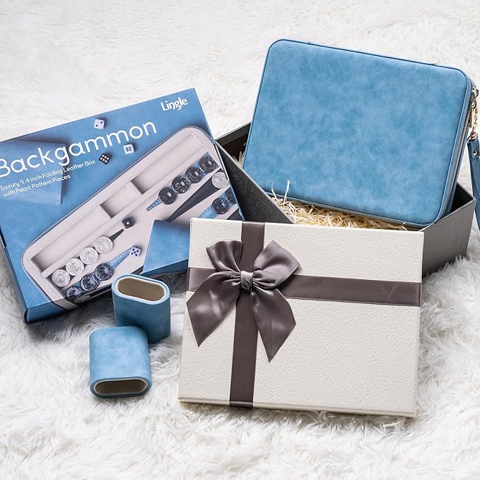 Backgammon Sets for Adults, Classic Board Game with Folding Leather Backgammon Case, Portable Travel Backgammon Game Set (Blue)