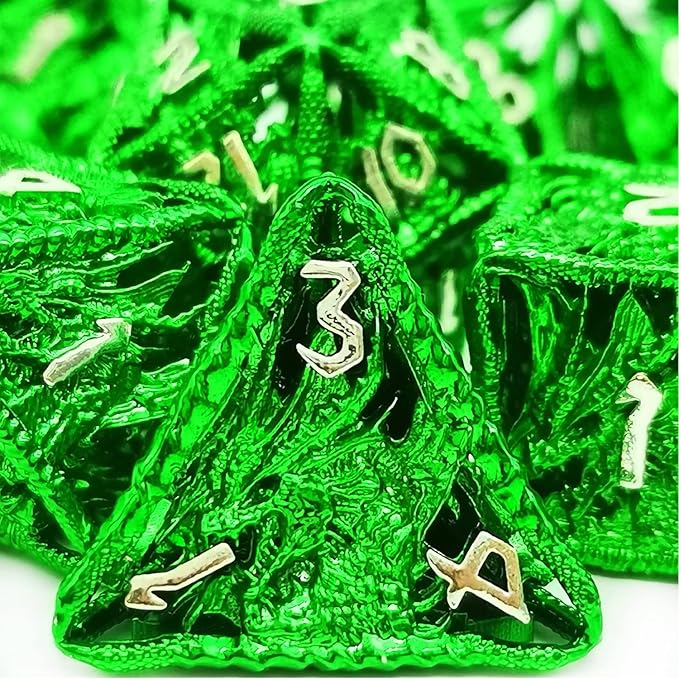 HAOMEJA Hollow Dragon Dice DND Metal Dice Set 7 Role Playing Dice D&D Dungeons and Dragons Dice (Green)