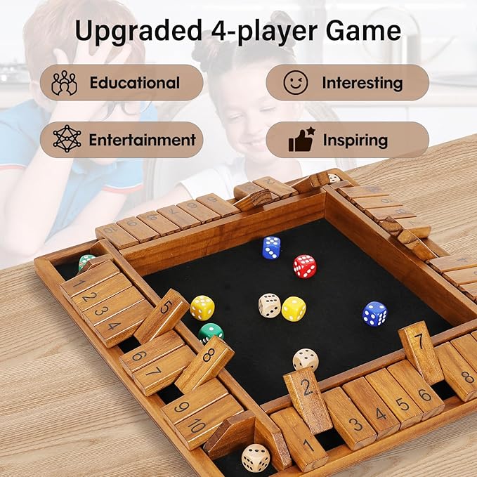Vamslove 12 inches Shut The Box Dice Game Wooden Board Table Math Game with 8+4 Dice for 2-4 Player, 4 Sided 10 Numbers Close The Box for Kids Adults(Instructions Included)