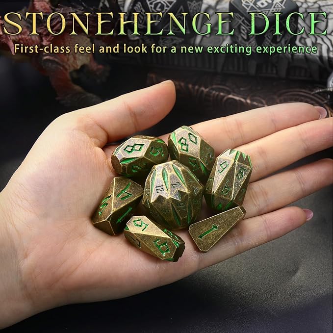 DND Metal Dice Set, ZHOORQI 7 Pcs Polyhedral Dice, Perfect for Dungeons and Dragons, RPG Role Playing Games - Unique Cool Dice with Stonehenge Themed Design for Game Gifts（Bronze Green）
