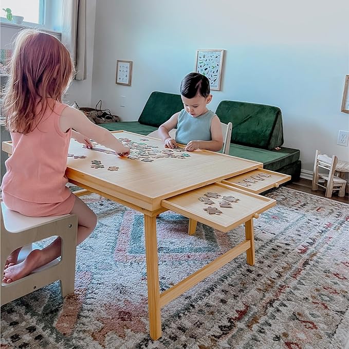 TEAKMAMA 1500 Piece Wooden Jigsaw Puzzle Board with 4 Drawers, Folding Puzzle Table with Protective Cover, Jigsaw Board with Legs, Multifunctional Game Table for Adults, 34W x 26.3D, Natural
