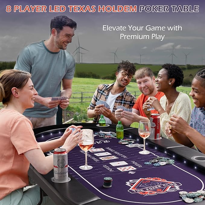 71" LED Poker Table - 8 Player Foldable Texas Hold'em Table with Built-in LED Lights, Padded Rails & 8 Cup Holders, Portable Casino Card Table for Home Game Room & Parties