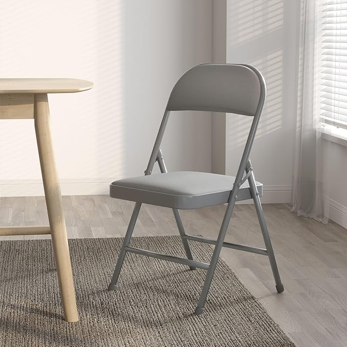 Nazhura 4 Pack Folding Chairs with Padded Vinyl Cushion Chairs with Comfortable Cushion and Durable Steel Frame for Home and Office, for Indoor and Outdoor Events (Grey Vinyl Padding 4 Pack)