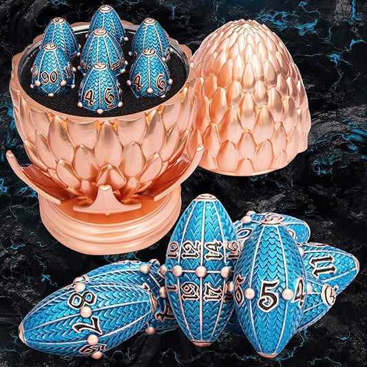 ARUOHHA DND Metal Dice Copper Blue Dragon Egg Dice with Rotating Dragon Egg Shell, Role Playing Game RPG Polyhedral D and D Dice Set D20 D12 D10 D8 D6 D4