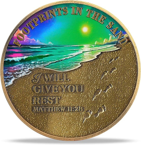 Beach Footprints Religious Coin – Inspirational Bible Verse Medallion for Faith-Based Gifts, Spiritual Encouragement for Men & Women