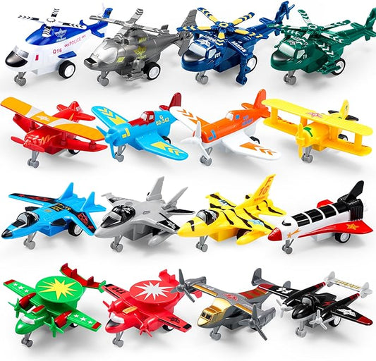 JOYIN 16 Pcs Pull Back Airplane Toys, Boys Plane Playset, Aircraft Incl Helicopter, Fighter, Bomber, Biplane Toy, Gifts for Toddler Kids 3+ Years Old, Kids Presents, Easter Basket Stuffers