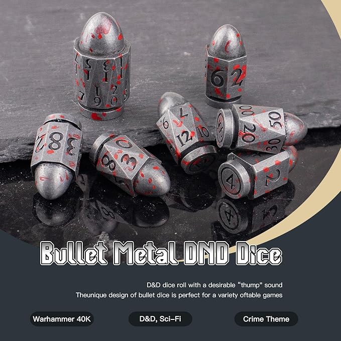 Bullet Dice,PCCECQEE D&D Dice for Dungeons and Dragons,Metal Dice Set of 7PC for Role Playing Game(SliverBlood)