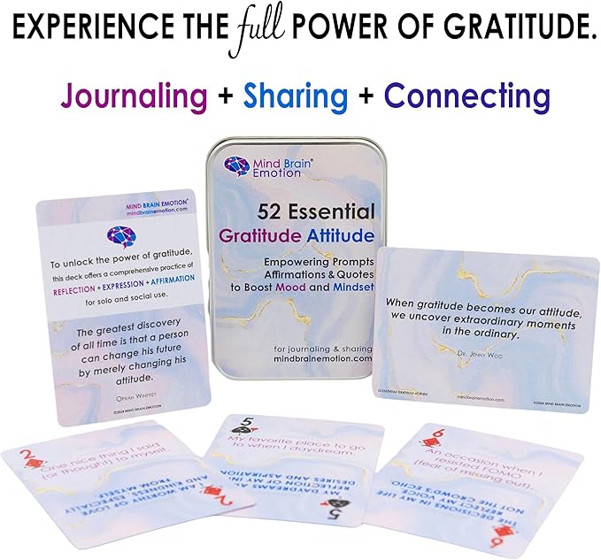 Mind Brain Emotion 52 Essential Gratitude Attitude: Journal & Conversation Cards to Boost Mood & Mindset - Empowering Prompts, Self-Help Affirmations, and Insightful Quotes - for Kids & Adults
