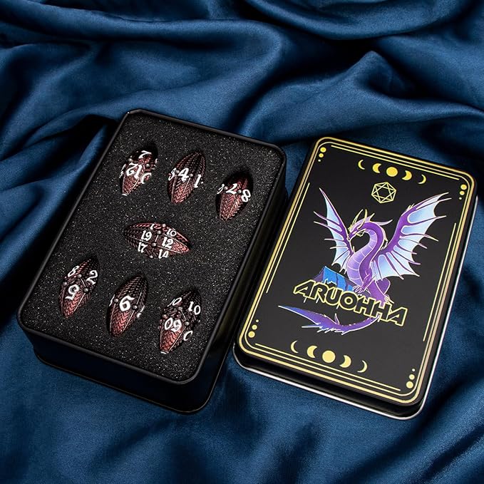 ARUOHHA DND Metal Dice Black Red Dragon Egg Dice with Metal Box, Role Playing Game RPG Polyhedral D and D Dice Set D20 D12 D10 D8 D6 D4