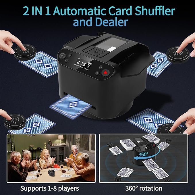 Automatic Card Shuffler and Dealer Machine，Card shuffler 2 Deck，360 °Rotating Card Dealer，Eletric Shuffling and Dealing Machine All in ONE, Ultra Quiet, Rechargeable,for Board Games and Poker Games