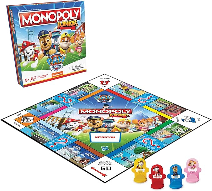 Monopoly JR PAW Patrol Board Game | Featuring Chase, Marshall, Skye, and Rubble | Officially Licensed Nickelodeon PAW Patrol Game | Family-Friendly Children's Monopoly Game | Ages 5 & Up