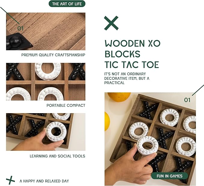 GENMOUS Wooden Tic Tac Toe Game Board for Kids Seniors Family Indoor Game, 10.6 Inch Rustic Giant Tic Tac Toe Coffee Table Decor, Fun for Family Travel Outdoor Game Room Decor