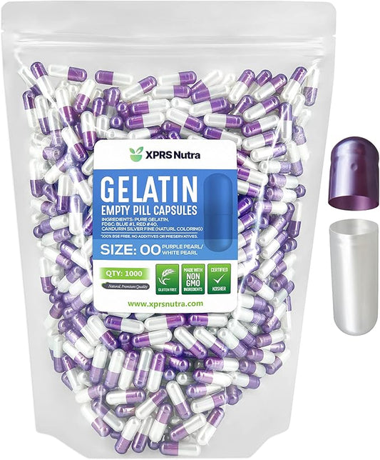 XPRS Nutra Size 00 Empty Capsules - 1000 Count Empty Gelatin Capsules - Pills DIY Capsule Filling - Fillable Pill Gel Caps for DIY Supplements (Pearl Purple/White)