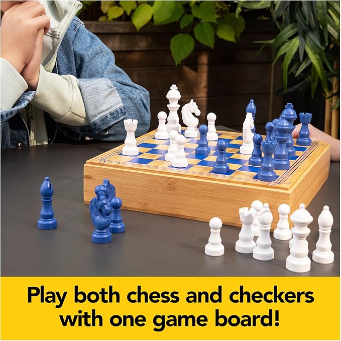 Chess Checkers Board Game Set with Bamboo Wooden Box Family Board Games Eco-Friendly Gift, for Adults and Kids Ages 8 and up