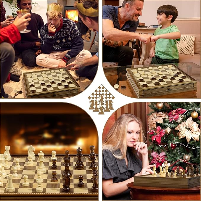 Peradix Magnetic Chess Checkers Board Sets with 2 Built-in Storage Drawers,15" Classic 2 in 1 Wooden Games with 2 Extra Queens for Kids and Adults,Travel Portable Chess Game Set