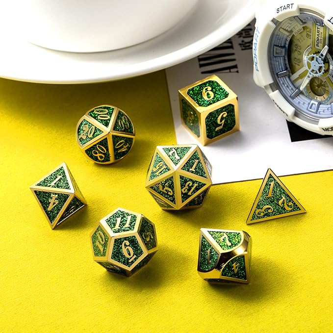 DNDND Metal Dice Set D&D,Glitter Green Heavy DND Dice with Free Metal Case for Role Playing Games Dungeons and Dragons