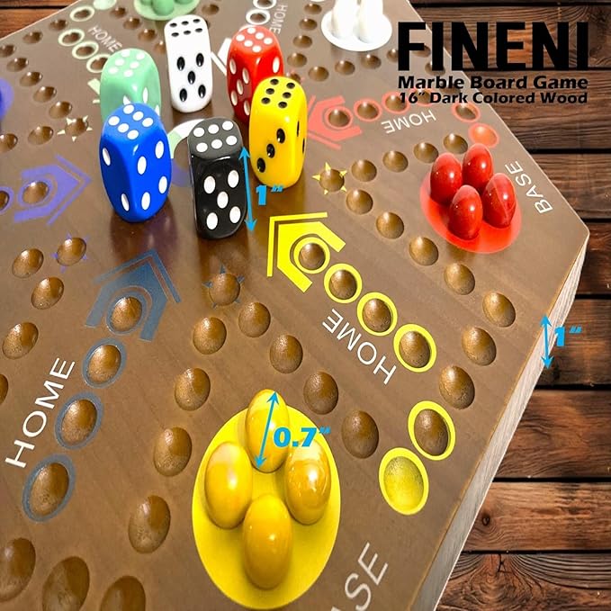Wooden Board Games, Marble Board Game Original with Dual Sides Fast Track Board Game for 2 to 6 Players, Double Side Marble Game, 6 Colors 30 Marbles Set and 6 Color 6 Dice,Pouch (16" Dark)