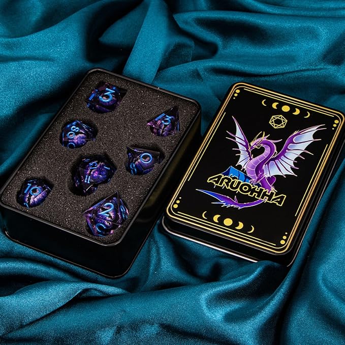 ARUOHHA DND Resin Dice Dragon Eye Dice Liquid Core Purple Sharp Edged Dice Set with Gift Box, Polyhedral D and D Dice Set Compatible with Dungeons Dragons Role Playing Game D20 D12 D10 D8 D6