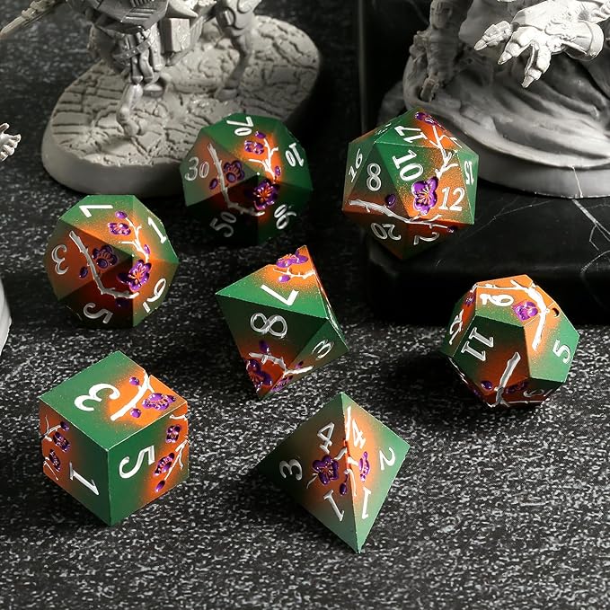 DNDND Metal Dice, 7 PCS Metallic Flowers D&D Dice with Gorgeous Gift Case for DND Dungeons and Dragon Tabletop Game (Army Green and Orange)