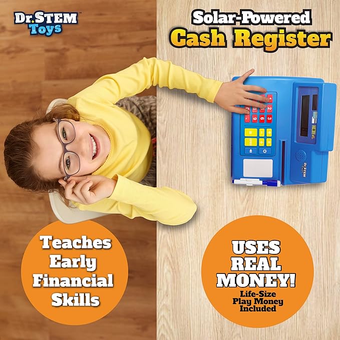 Dr. STEM Toys Solar Powered Calculator Pretend Cash Register with Play Money – 67-Piece Set for Learning Math Skills, STEM Cash Register for Kids, Blue