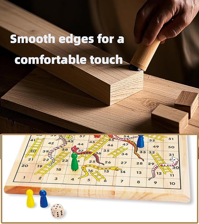 Wooden Classic 2 in 1 Snakes and Ladders Board Game for Kids 12 Inch Ludo Chutes and Ladders Board Game Classic Family Game Set for Toddlers