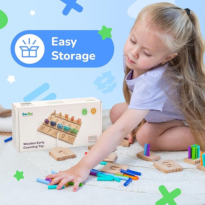 Bimi Boo Counting Peg Boards and Number Tracing for Kids - Wooden Montessori Math Toy for Toddlers and Preschoolers - Math Manipulatives for Kindergarten (55 Pegs, 10 Boards, 1 Pen)