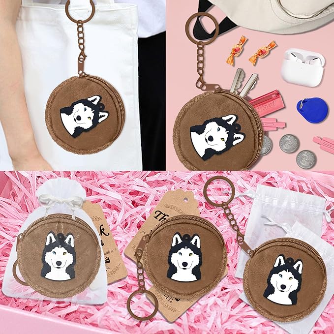 36 Pack Husky Change Purses Set Include 12 Husky Wallets with Keyrings,12 Thank You Tags and 12 Organza Bags for Dog Themed Pet Party Lets Pawty Baby Shower Birthday Decoration,Brown