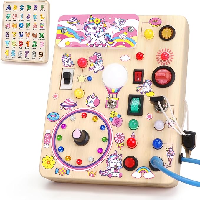 Unicorn Busy Board, Montessori Wooden Toddler Toys, Sensory Travel Toys, Ideal Gift for 1+ Year Old Girls (Unicorn Busy Board Plus V2)