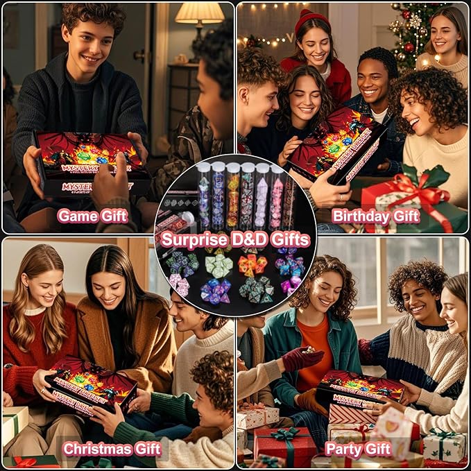 QMAY Mystery Dice Box - 48PCS DND Dice Set, Random Dice Patterns, 6 Surprise Boxes, Polyhedral Dice with Dice Display Tube, D&D Gifts Box for Dungeons and Dragons, RPG, MTG,Role Playing Table Game