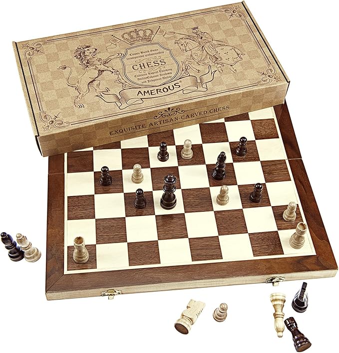 AMEROUS Chess Set, 15"x15" Folding Magnetic Wooden Standard Chess Game Board Set with Wooden Crafted Pieces and Chessmen Storage Slots