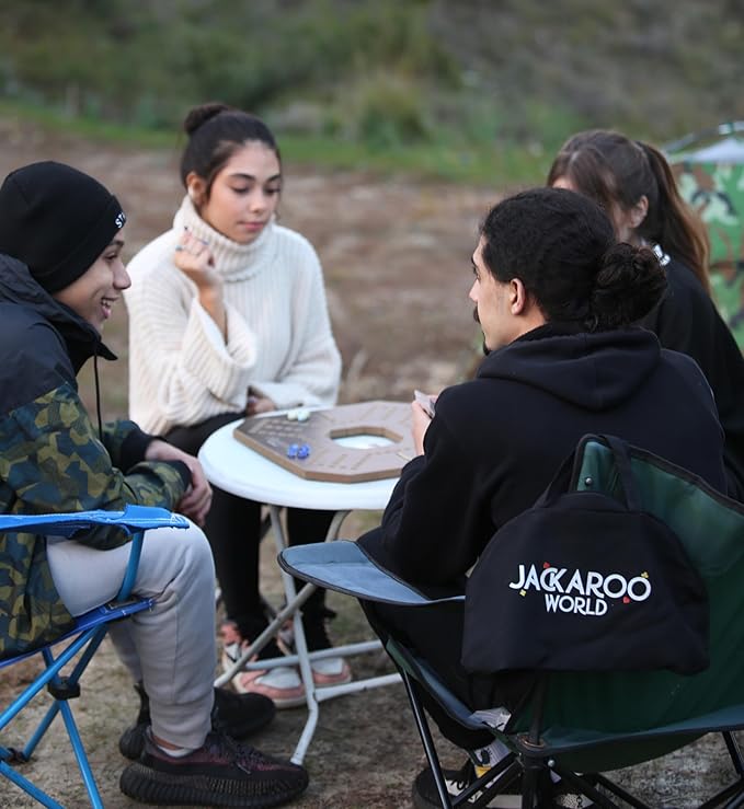 Jackaroo Board Game - 2-4 Player Marbles Strategy Game - Marble Chase Game - Carbles Board Game with Cards - Jokers and Marbles board game - Wahoo Wooden Board Foldable and Open in The Middle (Walnut)