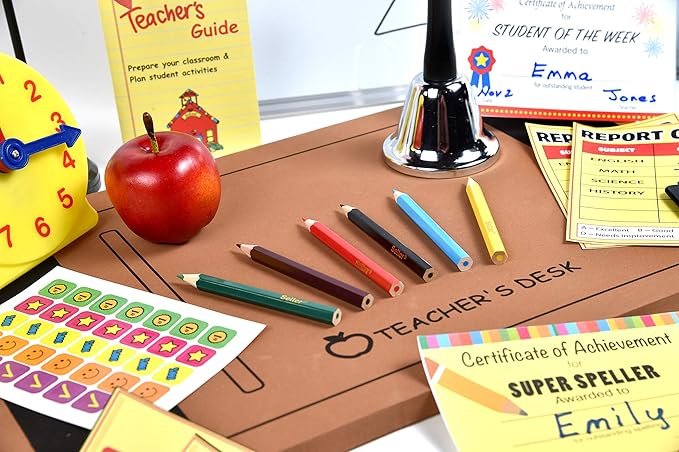 Dr. STEM Toys | Play Teacher Role-Play Set Includes Reusable White Board, Bell, Report Cards, for Home or Classroom, Over 30 Pieces Included, Gift for Kids, Complete Set