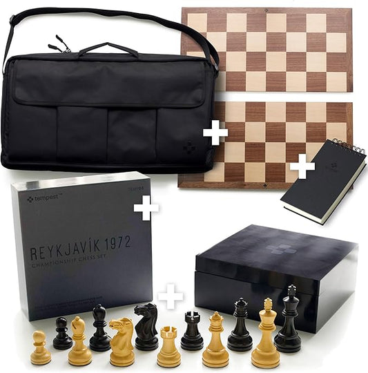 TEMPEST Reykjavik 1972 Chess Ensemble (Without Clock) :: Wooden Chess Set + Hardwood Portable Chess Board + Weatherproof Carry-All Bag + Lacquer Storage Box + Scorebook