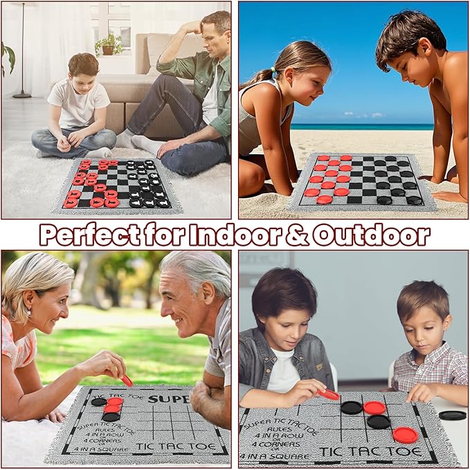 Giant 4 in 1 Chess Set,Jumbo Chess & Giant Checkers & Large Tic Tac Toe, Giant Chess Board Game for Kids Adults,Including 2 Extra Queen,Large Checkers Rug Game Mat, Indoor Outdoor Games Camping Party