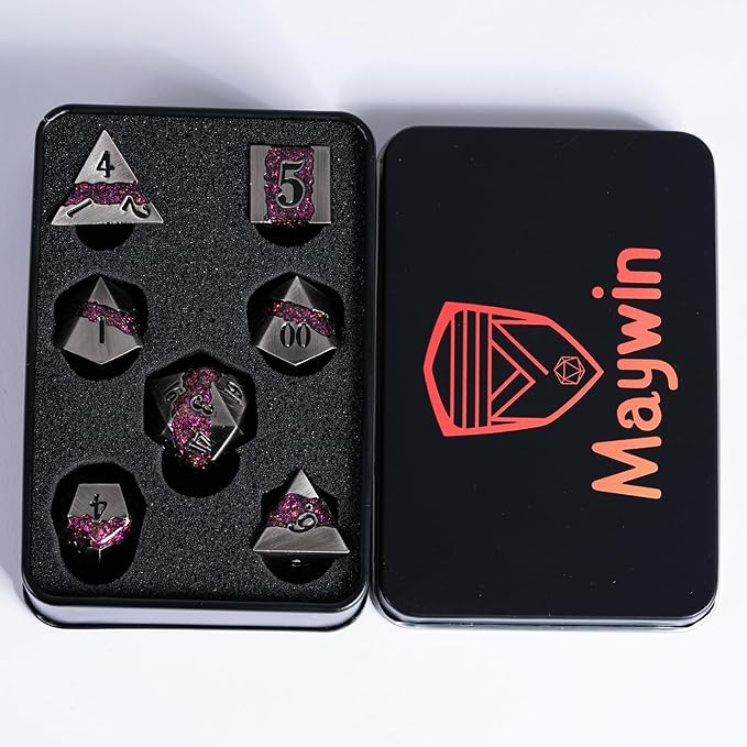 Metal DND Polyhedral Dice,Large Stripe Glitter Metallic Dice Set,Antique Silver Dice 7pcs Set for Role Playing Games(Antique Nickel Rose Red)