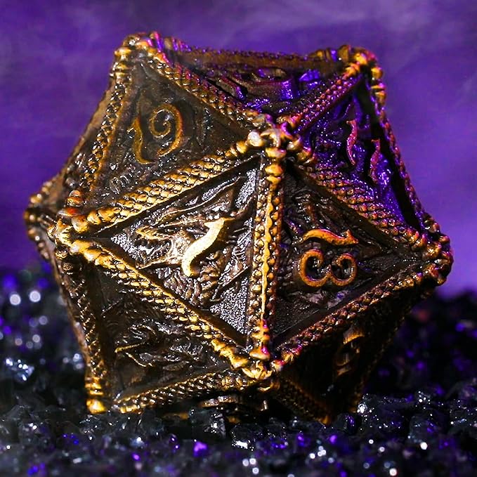 HAOMEJA Dice DND Metal Dragon Set Dice 7 Role Playing Dice D&D Solid Dice Dungeons and Dragons (Ancient Brass)