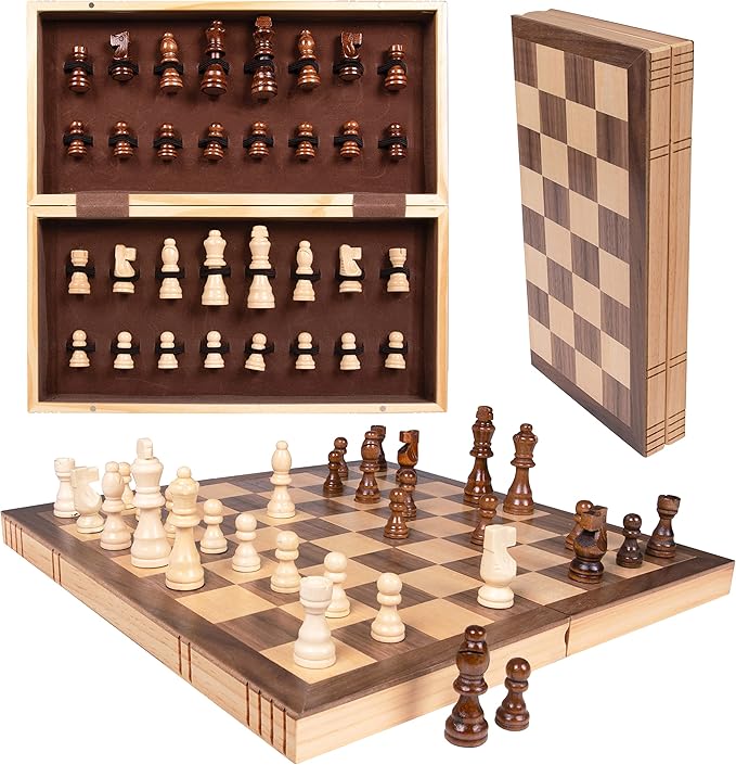Premium Wooden Chess Set, 15.7 Inche Chess Board Game Set for Adults - Folding Board - Pieces Storage Slots, Handmade Portable Travel Chess Game - Beginner Chess Set for Kids, 6 up Age