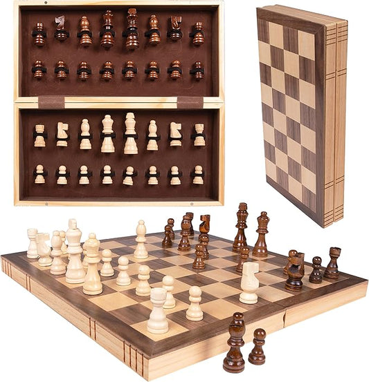 Premium Wooden Chess Set, 15.7 Inche Chess Board Game Set for Adults - Folding Board - Pieces Storage Slots, Handmade Portable Travel Chess Game - Beginner Chess Set for Kids, 6 up Age