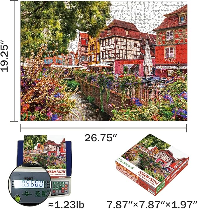 MaxRenard 1000 Pieces Jigsaw Puzzle for Adults Colmar Town Colorful Landscape Challenge Game Decompression Toy Home Wall Decoration