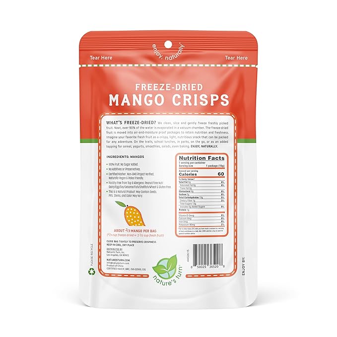 Nature’s Turn Freeze-Dried Mango Crisps – Healthy, Gluten-Free, Crispy & Delicious, Plant-Based Snack, Ideal for Cereal, Smoothies, School Lunches, & On-the-Go, Pack of 12 (0.53 oz Each)