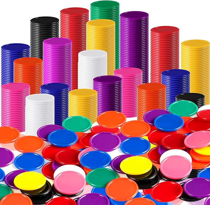 Coopay 1000 Pieces 1 Inch Bingo Chips Bulk, 10 Colors Bingo Markers for Math Practice, Plastic Learning Counters Disks Counting Discs, Poker Chips Game Tokens Kids Reward